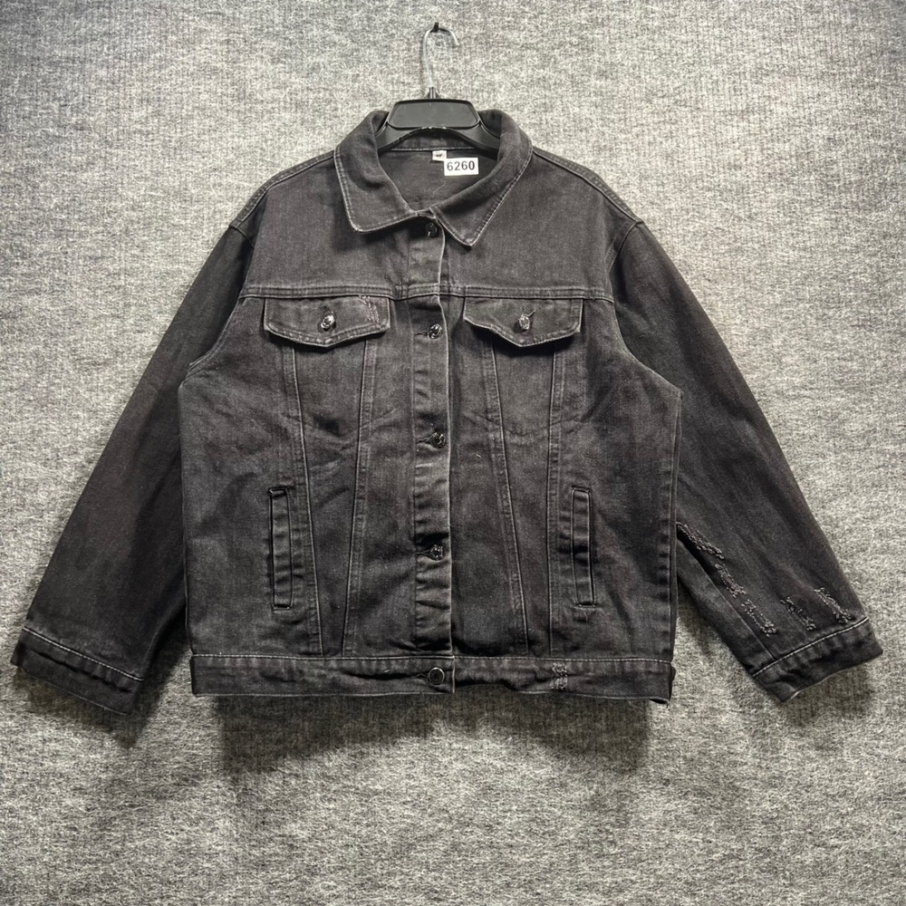 Unbranded Black Distressed Denim Jacket Floral Embroidered Patch XL